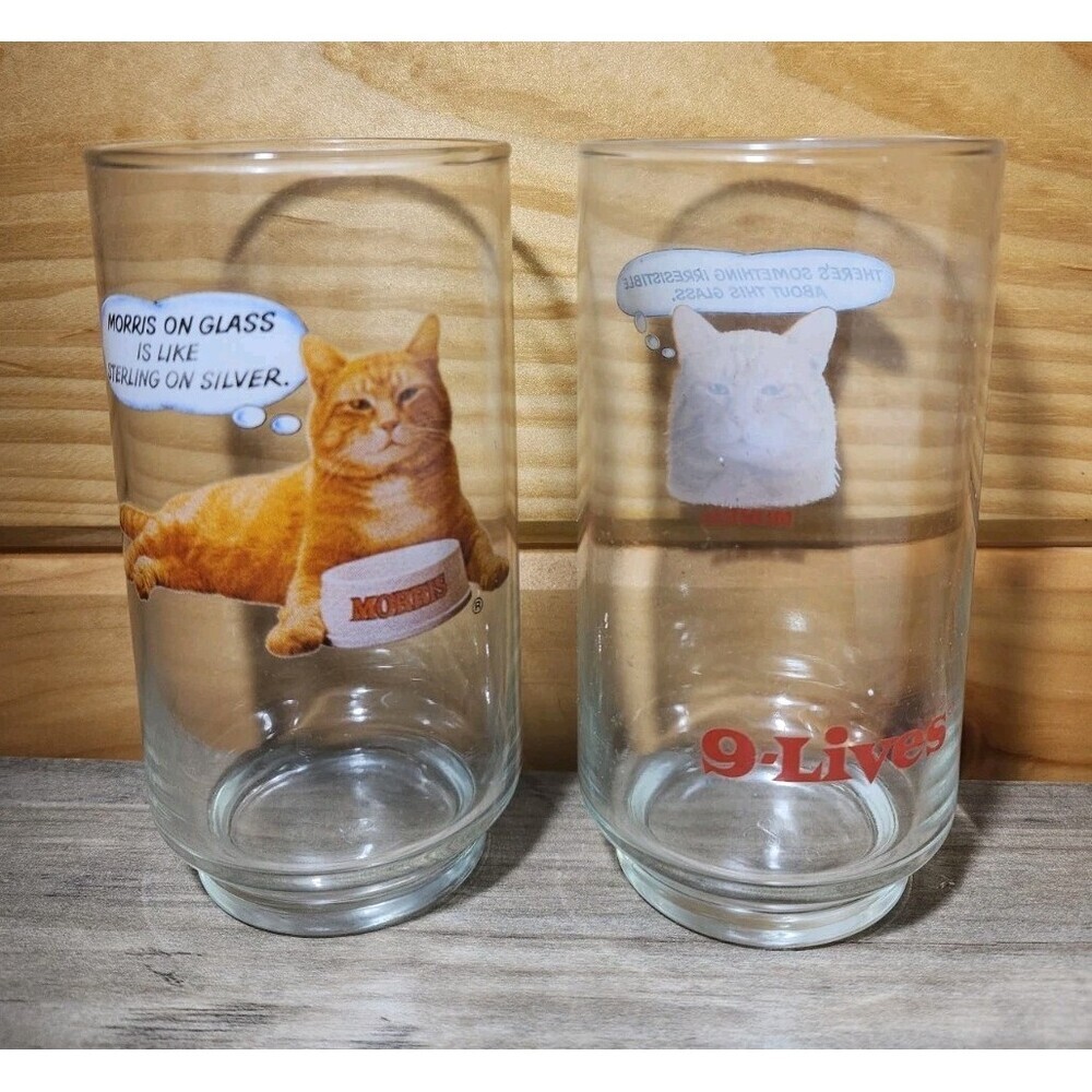 1981 Morris The Cat Nine Lives sets Vintage NEW Promo 2 Glasses Orange Cat